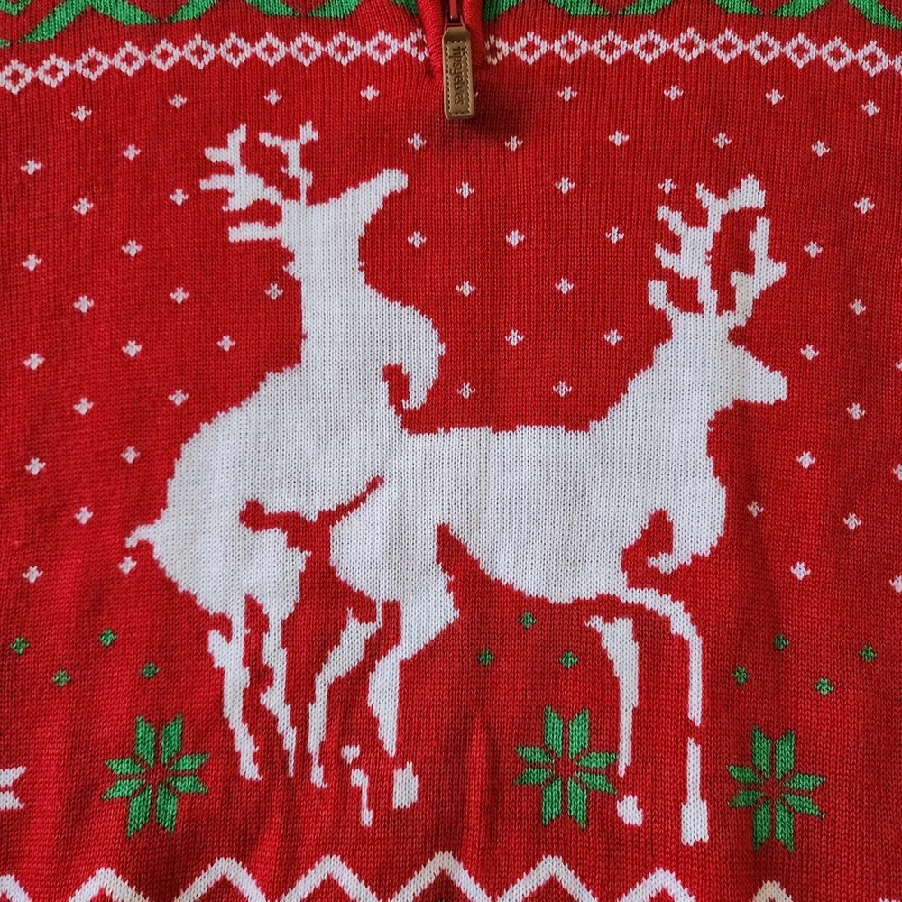 Tipsy Elves Men's XL Reindeer Humping Ugly Christmas Sweater Quarter Zip Red